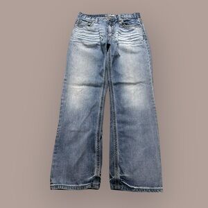 BKE Denim Tyler Straight Jeans 36R Light Blue Wash Whiskered Cowboy Rodeo